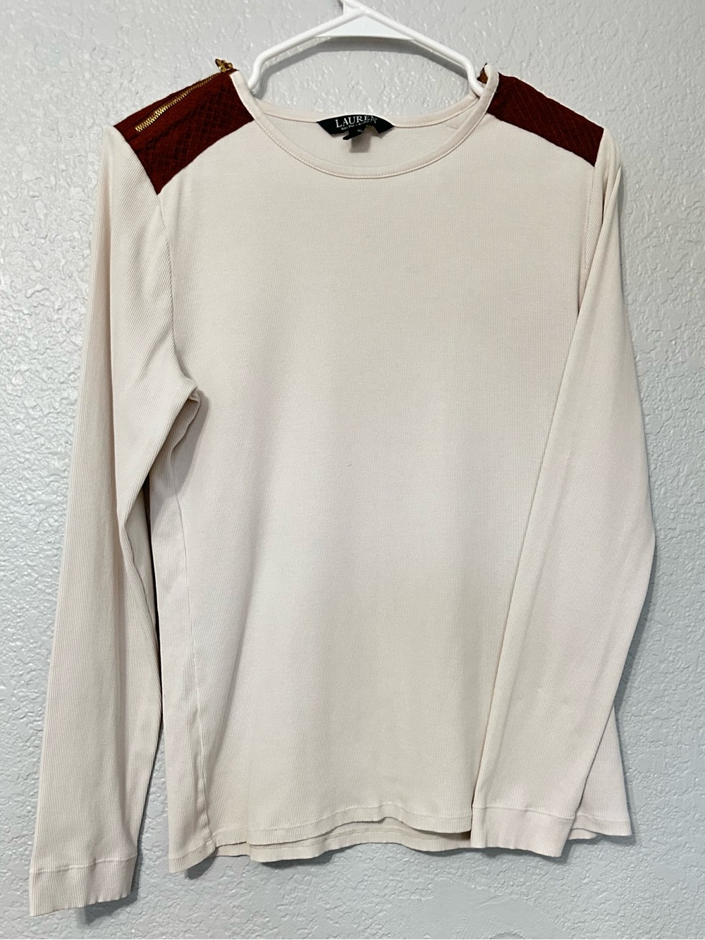 Ralph Lauren Women Sz L Crew Neck Patches Long Sleeve Top Preppy Equestrian Luxe